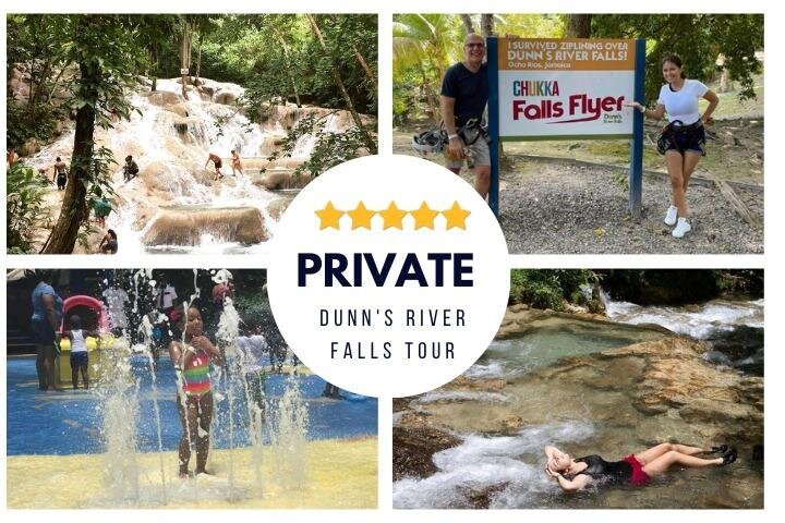 multiple photos showing what activities is at Dunns River Falls tour in Jamaica including a waterfall and splash pad