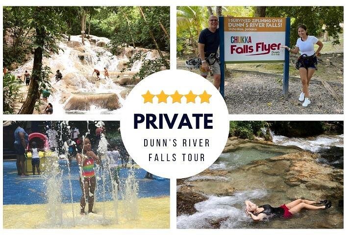 multiple photos showing what activities is at Dunns River Falls tour in Jamaica including a waterfall and splash pad