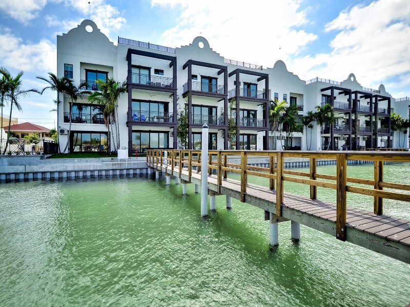 Back of condos overlooking the water