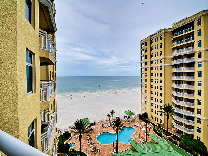 Panoramic 10th floor view of the pool and the Gulf of Mexico