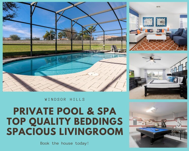 Check out this Windsor Hills vacation home with 6 beautiful bedrooms, game room, and many living spaces