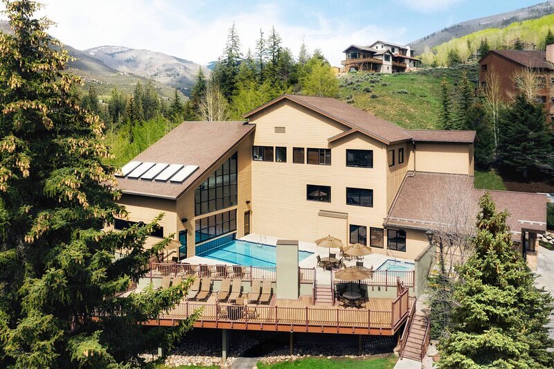 Aerial of the outdoor pool and sundeck.